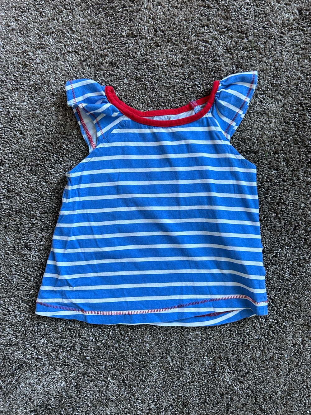 Striped Blue & White Flutter-Sleeve Kids Tee with Red Trim Size 2-4yr